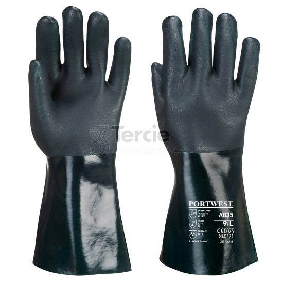 A835 ve .lXL/10,5'' dvakrát máčené chemické rukavice s posypem,35 cm dlouhá,EN388(3121X),EN374(JKL)